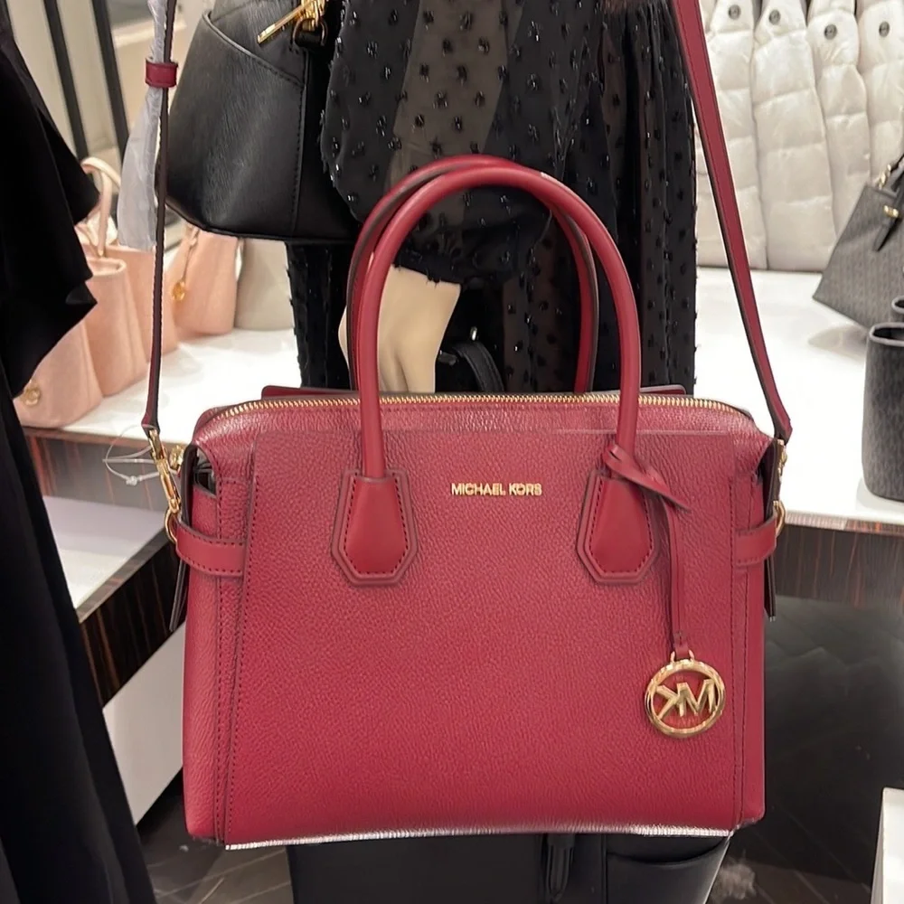 MICHAEL KORS Mercer Medium Two-Tone Pebbled Leather Belted Satchel Mulberry